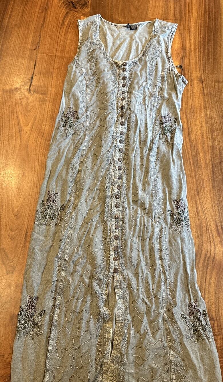 Kaaku FREE SIZE M L XL BEIGE EMBROIDERED BUTTON MAXI HIPPIE BOHO DRESS